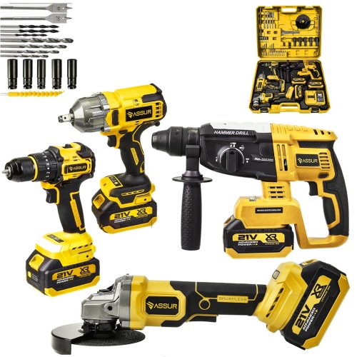 Assur ASR1192 Profesyonel Akülü Kömürsüz 4 lü Matkap Seti 21V 3ah - 800Nm Somun Sökme, 26mm Kırıcı Delici,  13mm Darbeli Vidalama, 125mm Avuç Taşlama (Sarı)