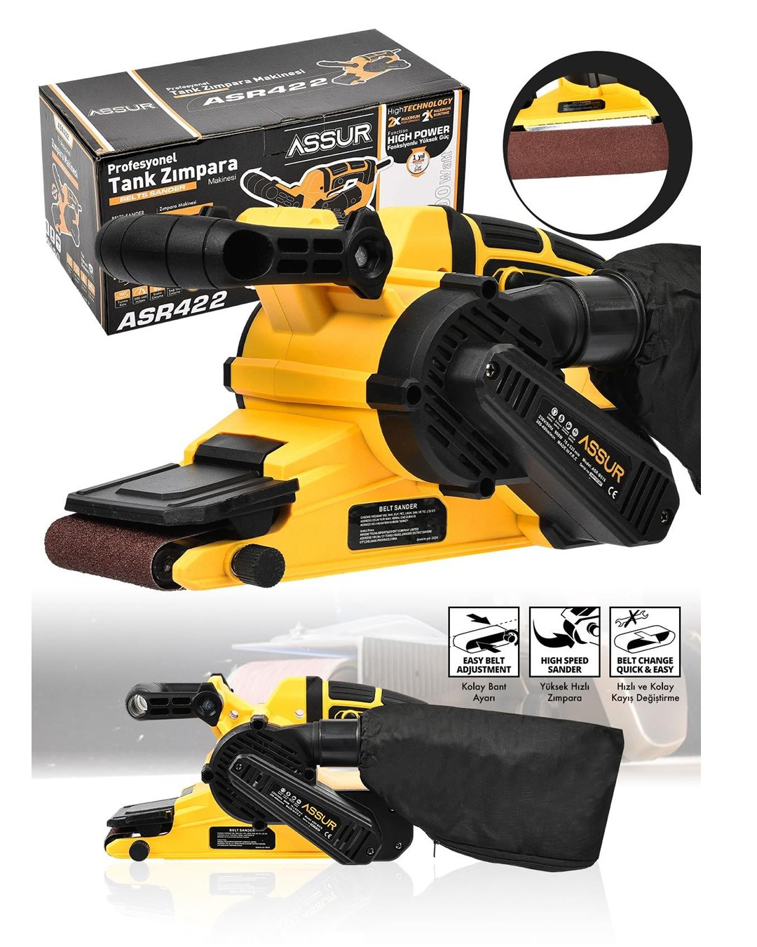 Assur ASR422 900W Elektrikli Vakumlu Tozsuz Cila Özellikli Tank Zımpara Makinesi model ve fiyatlar