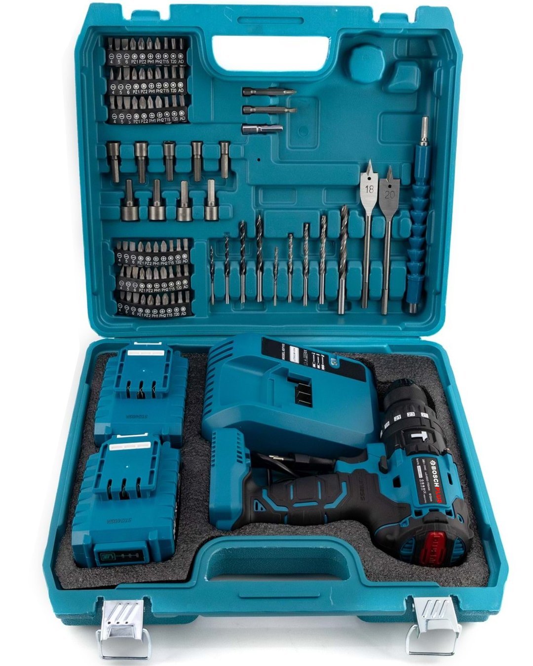 BoschPlus EEA398 Yeni Kömürsüz Akülü Darbeli Vidalama Matkap Seti Çift Batarya 88vf 5ah 84 Parça takım çantası