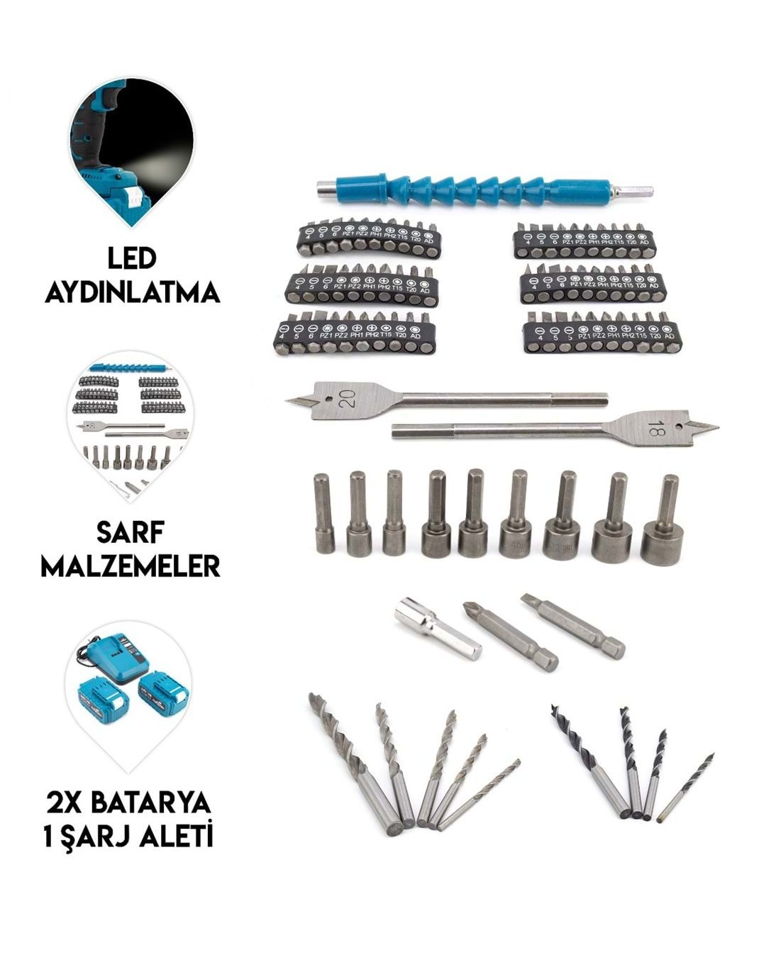 BoschPlus EEA398 Yeni Kömürsüz Akülü Darbeli Vidalama Matkap Seti Çift Batarya 88vf 5ah 84 Parçalar