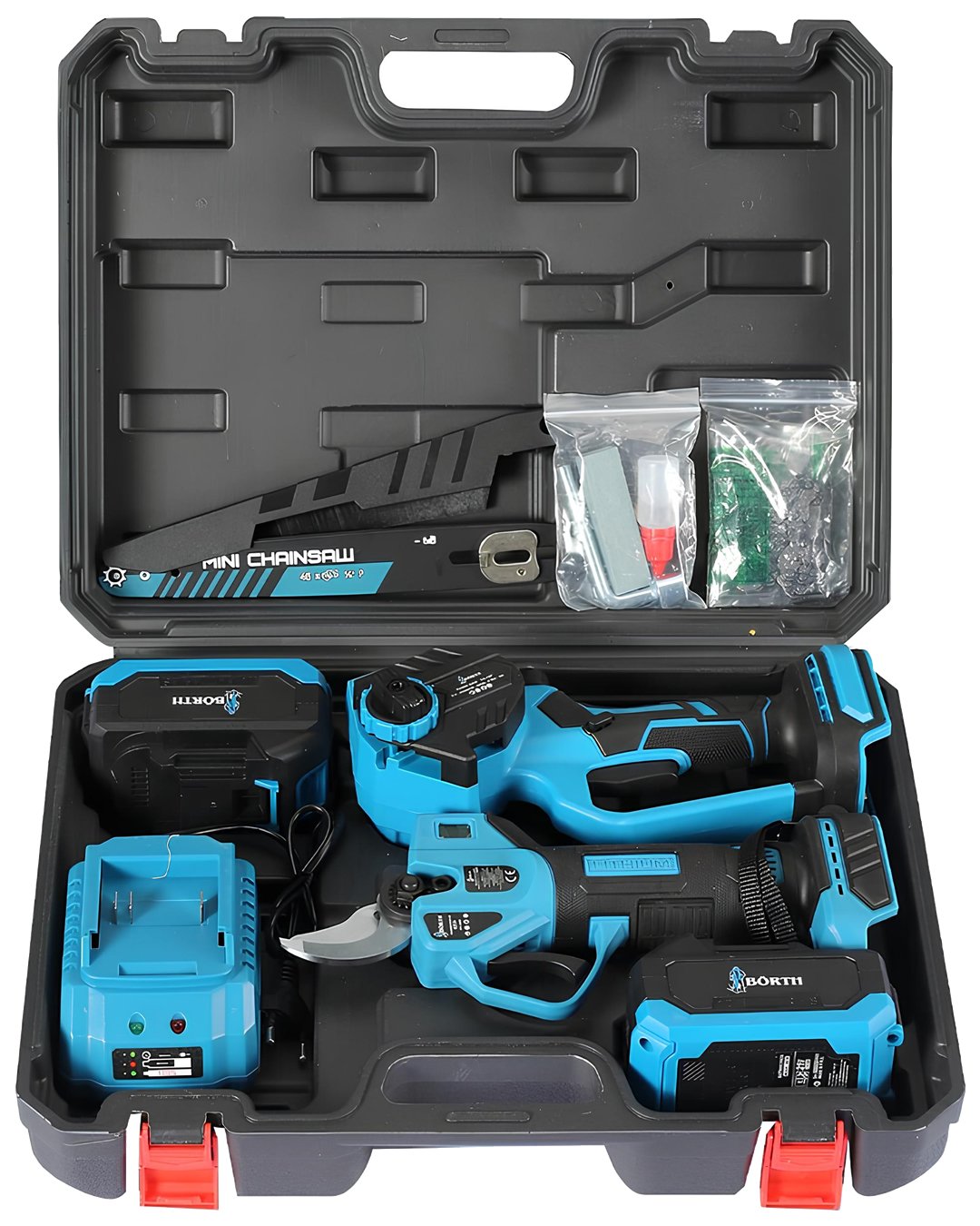 BÖRTH BRTH0020 Kömürsüz Akülü 2li Bahçe Seti - 40mm Budama Makası, 20cm Budama Testeresi taşıma çantası