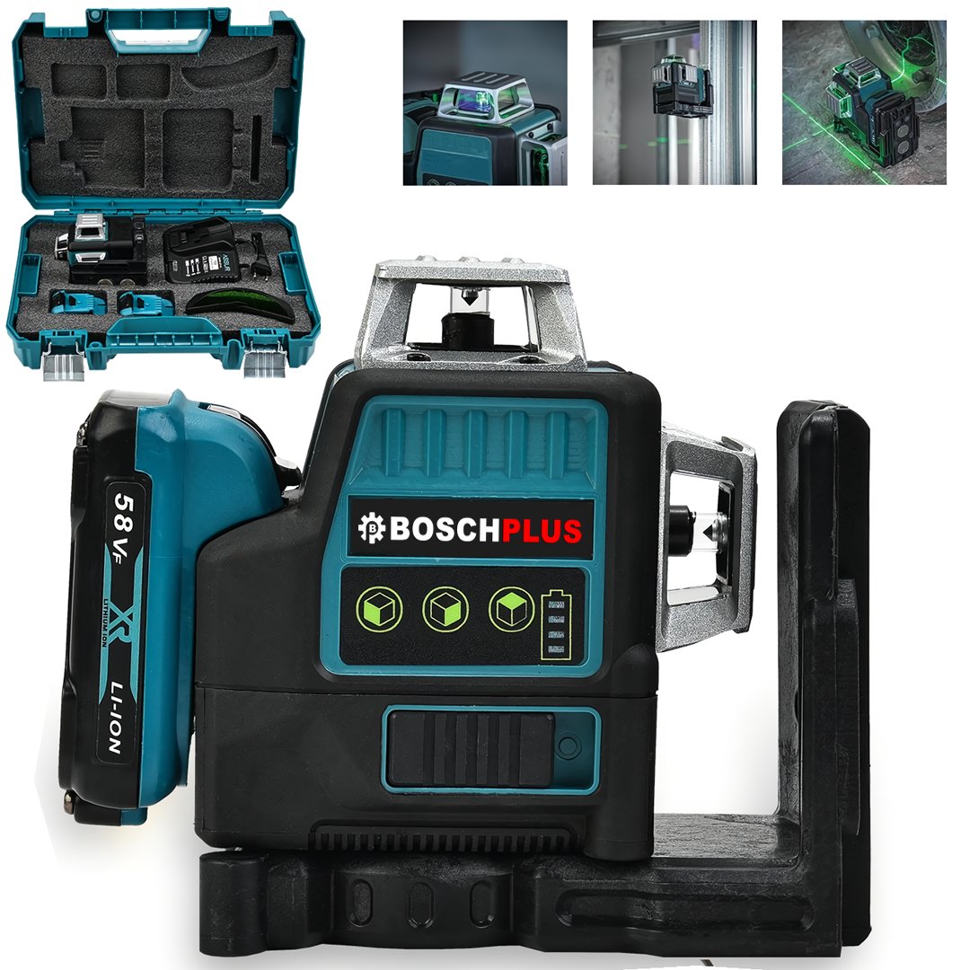 BoschPlus EEA252 58Vf Çift Akülü 12 Köşe 360° Otomatik Hizalamalı Lazer Metre Hizalama Yeşil Çizgili Lazer Hizalama