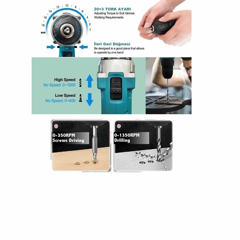 Bocsh Plus EEA256 Kömürlü Akülü 58vf Darbeli Vidalama Matkap Seti (Mavi)