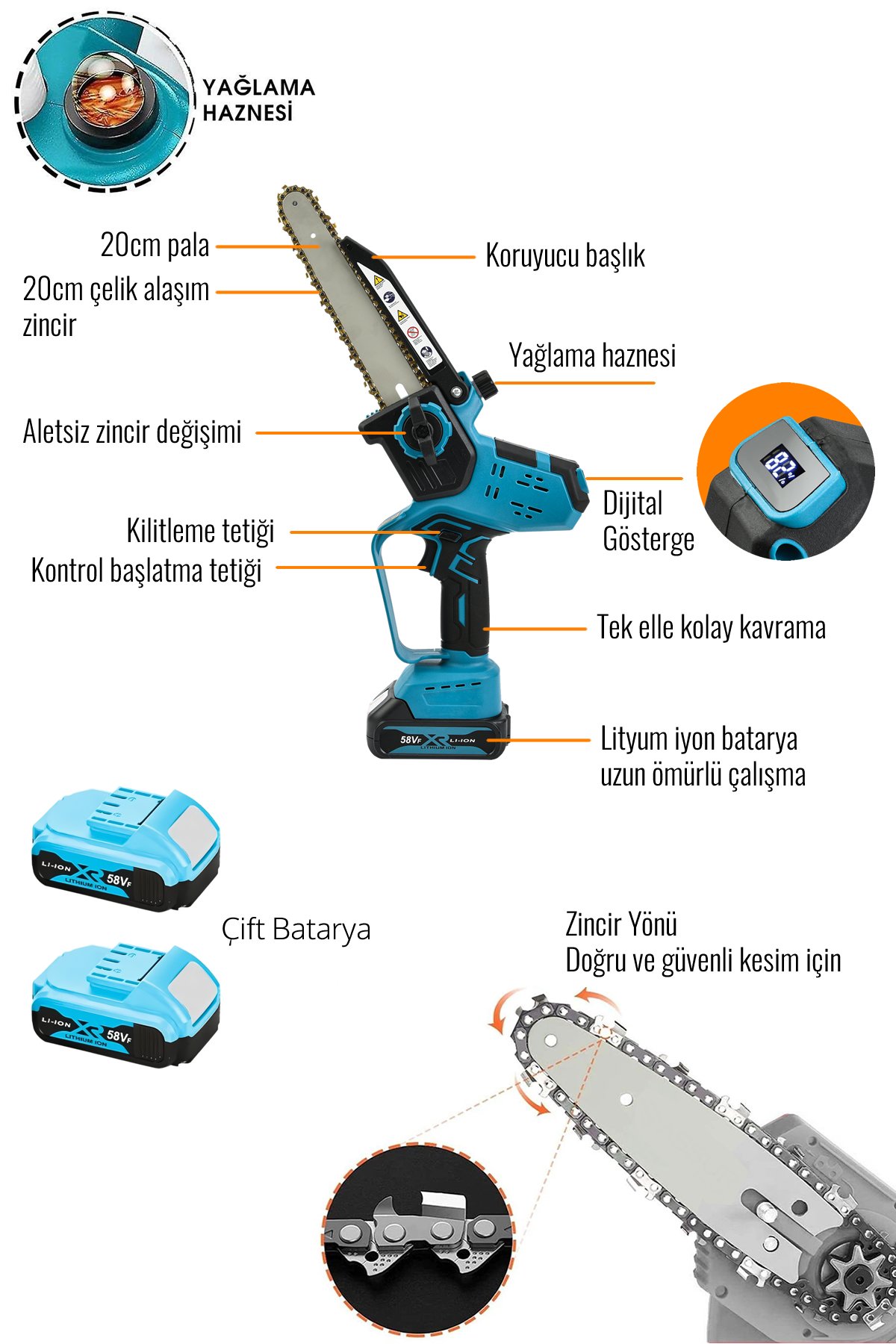 Bosch EEA344 Otomatik Yağlamalı Şarjlı El Testeresi Ağaç Odun Dal Kesme Budama Çift Batarya Dijital Göstergeli Teknik özellik