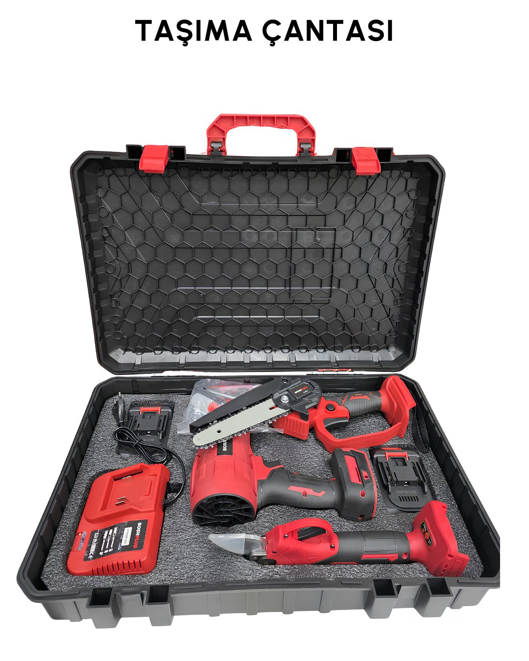 BoshPlus BP001 Akülü Kırmızı 3lü Bahçe Seti taşıma çantası