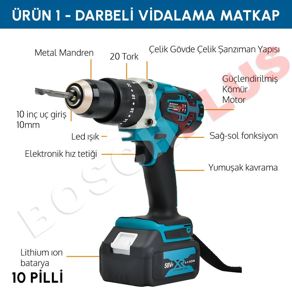 Bosch Plus EEA090 Akülü Ultra 4lü Set Makina 58vf 5ah vidalama matkap özellikleri