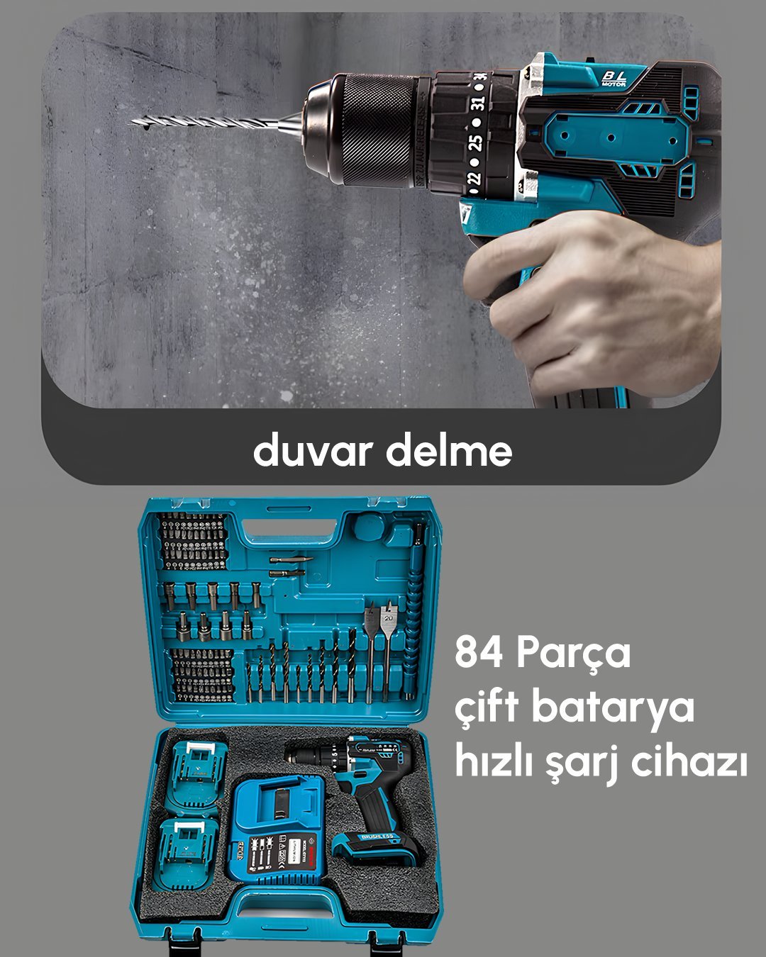 Bosch Plus EEA235 Kömürsüz 58vf 5ah Çelik Gövde Çelik Şanzıman Bakır Sargılı 5 Pilli Çift Akülü Vidalama Şarjlı Matkap 84 Parça çantası