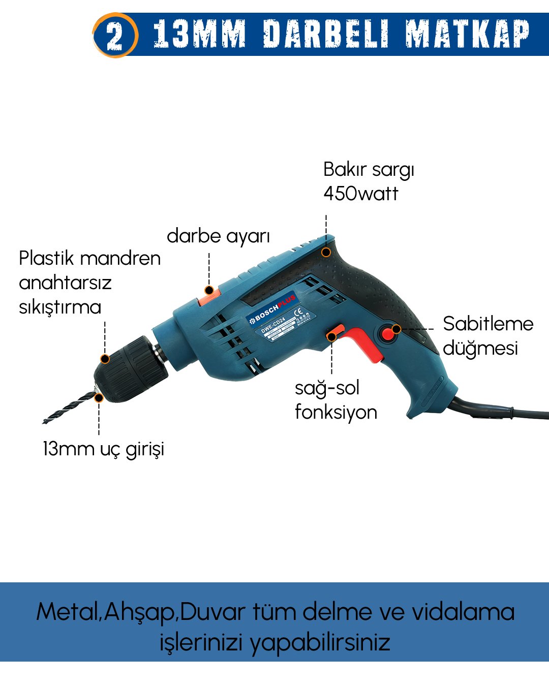 Bosch Plus EEA340 Elektrikli 3 lü Set  13mm darbeli matkap özellikler