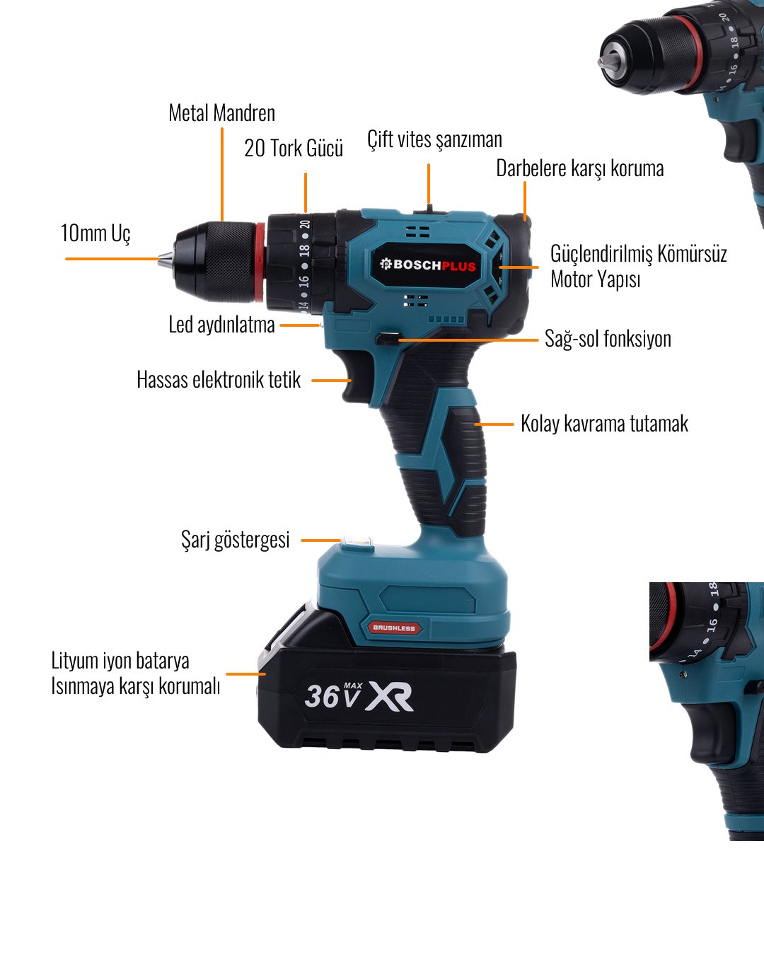 Bosch Plus EEA349 Kömürsüz Motor 36Vf 12ah Metal Mandren Vidalama Matkap Seti 10p teknik özellikler