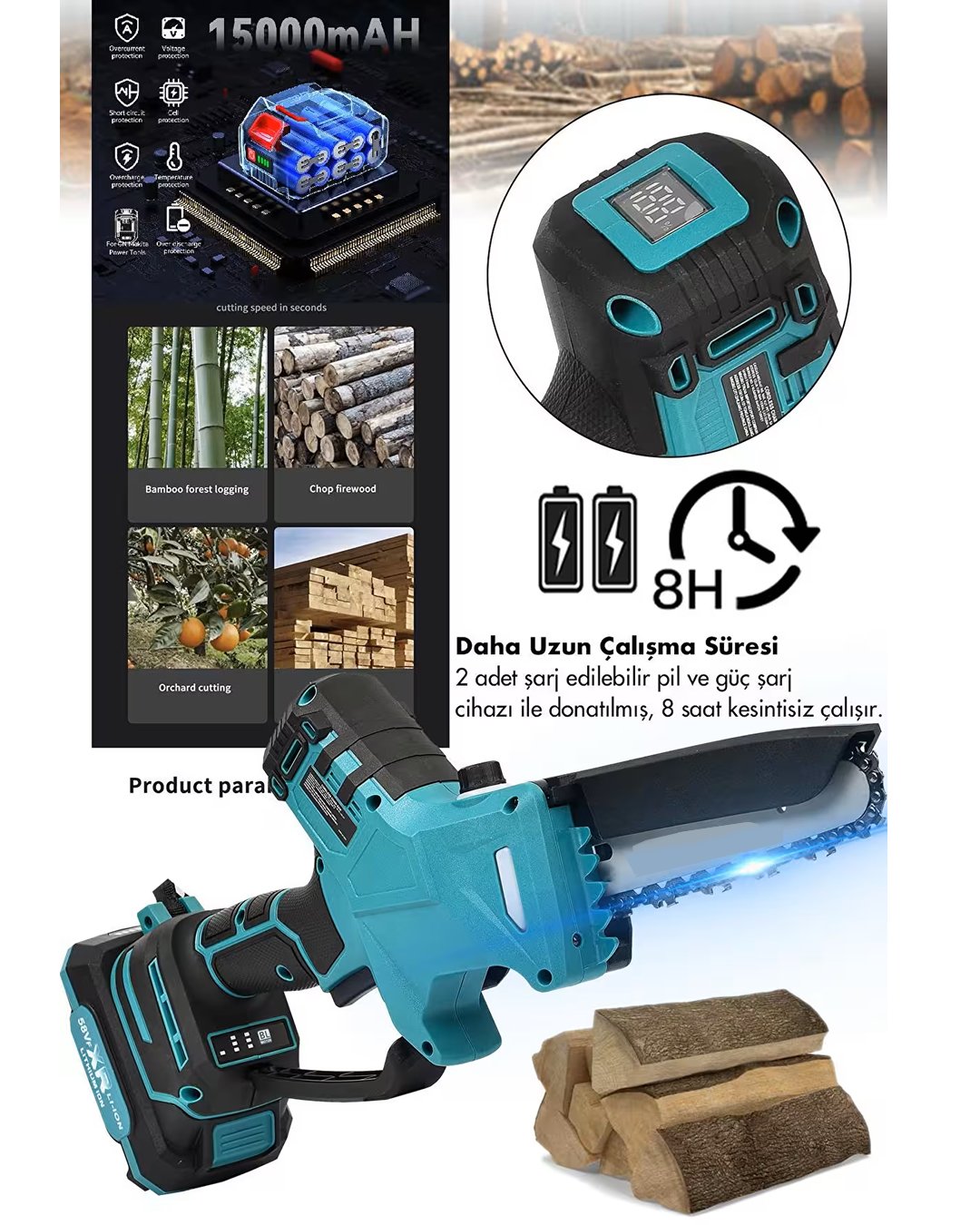 Bosch Plus EEA363 Otomatik Yağlamalı Dijital Göstergeli Şarjlı El Testeresi Ağaç Odun Dal Kesme Budama Çift Batarya 15cm Pala 58Vf teknik özellikler