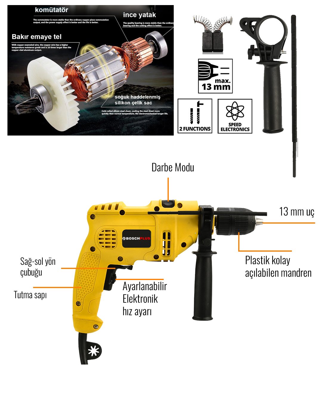 Bosch Plus EEA366 Elektrikli 13mm Darbeli Matkap (Sarı) özellikler