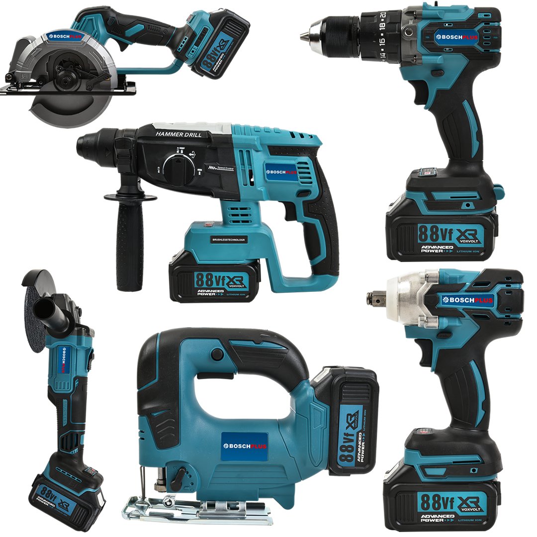 BoschPlus EEA370 Profesyonel Akülü 6lı Set Makina 88vf 5ah 125mm Avuç Taşlama, Sds Plus Kırıcı Delici Hilti, Somun Sıkma Sökme, Vidalama Matkap, Daire Testere, Dekupaj