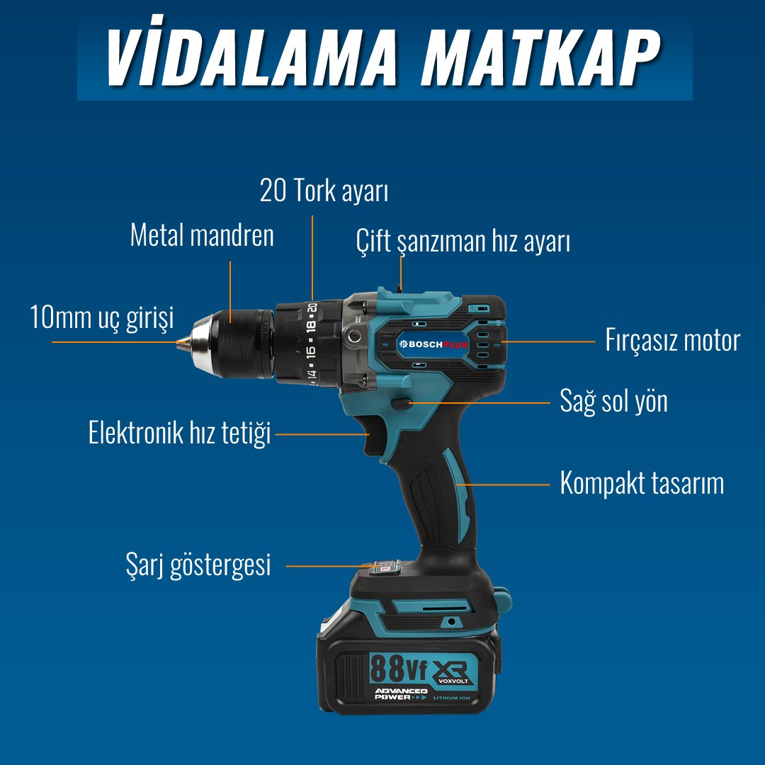 Bosch Plus EEA370 Akülü Süper 6lı Set Makina 88vf 5ah vidalama matkap