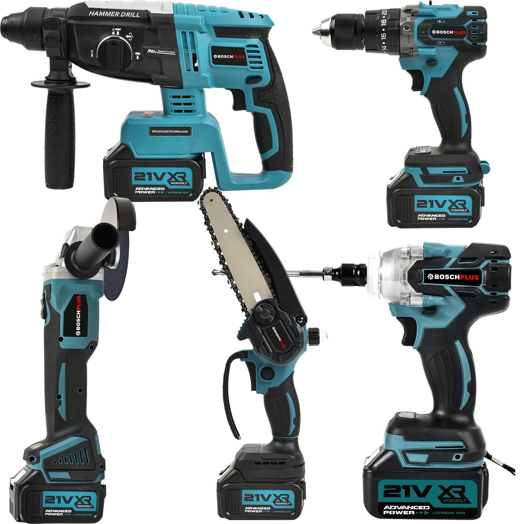 BoschPlus EEA376 Akülü Süper 5li Set Makina 88vf 5ah 125mm Avuç Taşlama + Sds Plus Kırıcı Delici Hilti + Somun Sıkma Sökme + Vidalama Matkap + Budama Testere