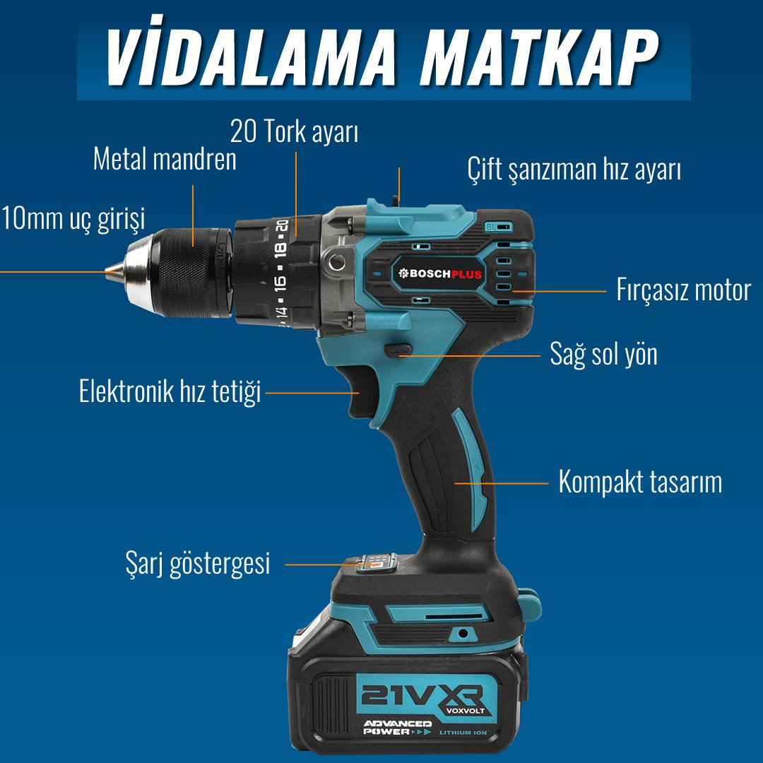 Bosch Plus EEA376 Akülü Süper 5li Set Makina 88vf 5ah vidalama matkap özellikleri