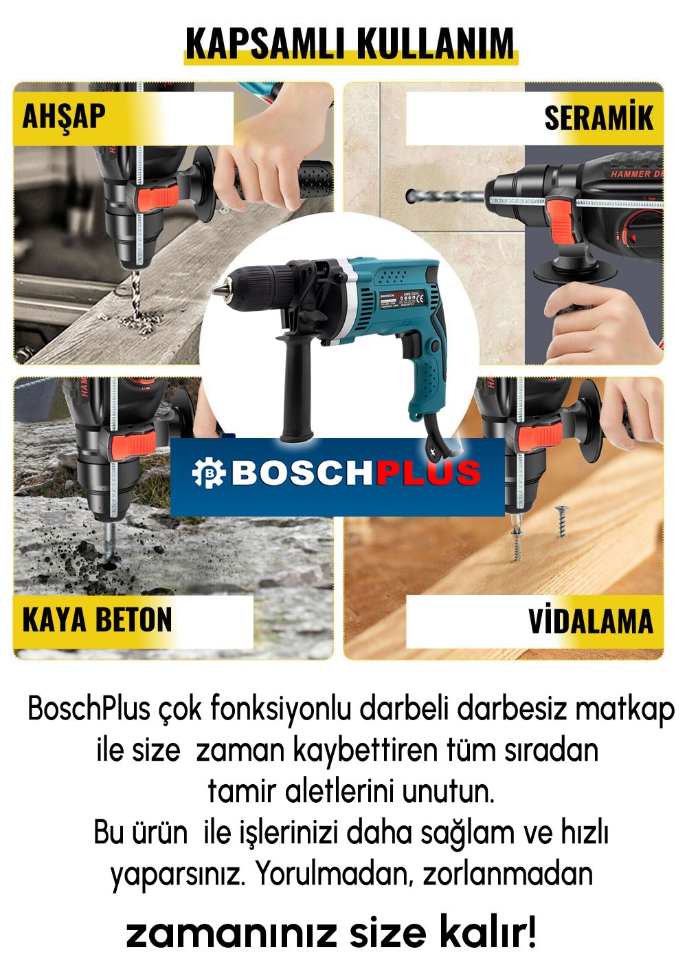 Bosch Plus EEA380 Profesyonel Elektrikli 13mm Darbeli Matkap (Mavi) kapsamlı kullanımı