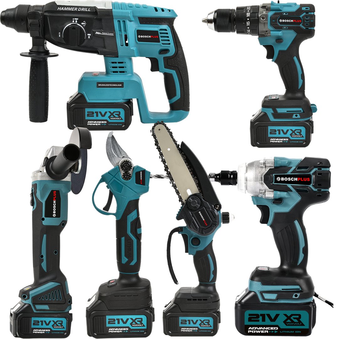 BoschPlus EEA397 Akülü Süper 6lı Set Makina 88vf 5ah 125mm Avuç Taşlama, Sds Plus Kırıcı Delic, Somun Sıkma Sökme, Vidalama Matkap, Budama Testere, Budama Makası