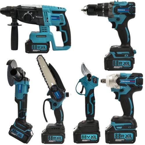 BoschPlus EEA397 Akülü Süper 6lı Set Makina 88vf 5ah 125mm Avuç Taşlama, Sds Plus Kırıcı Delic, Somun Sıkma Sökme, Vidalama Matkap, Budama Testere, Budama Makası