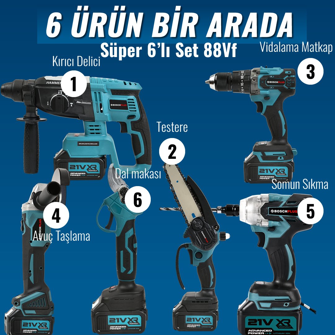 BoschPlus EEA397 Akülü Süper 6li Set Makina 88vf 5ah 125mm Avuç Taşlama, Sds Plus Kırıcı Delic, Somun Sıkma Sökme, Vidalama Matkap, Budama Testere, Budama Makası model ve fiyatlar