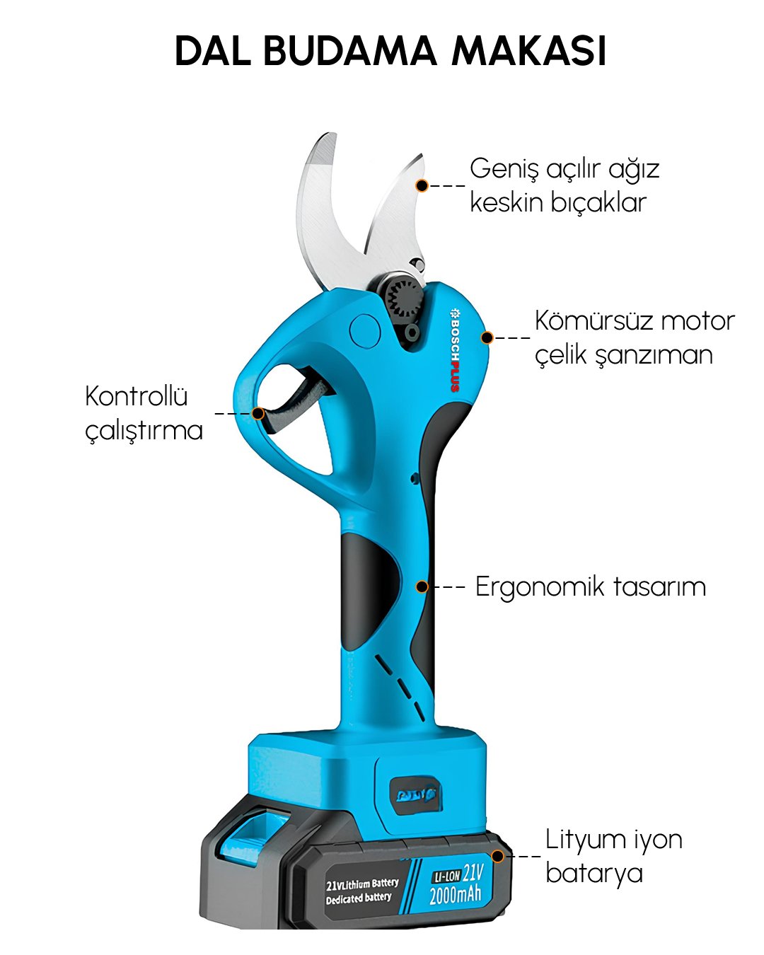 BoschPlus EEA411 Teleskopik Kollu Akülü Kömürsüz Budama Testeresi özellikler