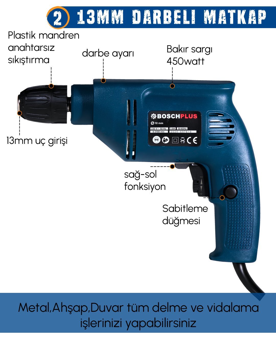 BoschPlus EEA416 Elektrikli 4 lü Makine Seti 13mm Darbeli Vidalama Matkap özellikleri