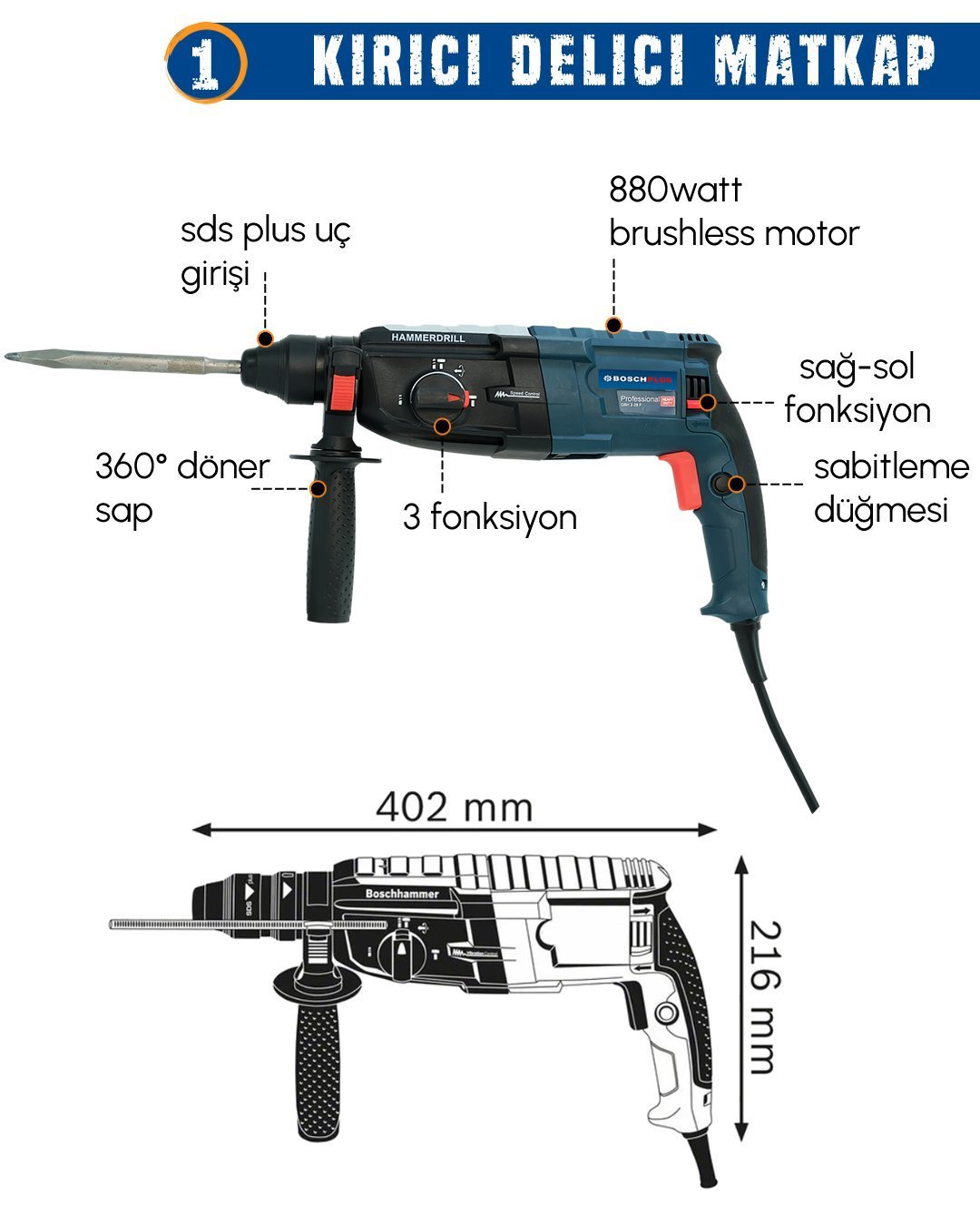 BoschPlus EEA416 Elektrikli 4 lü Makine Seti Kırıcı Delici özellikleri