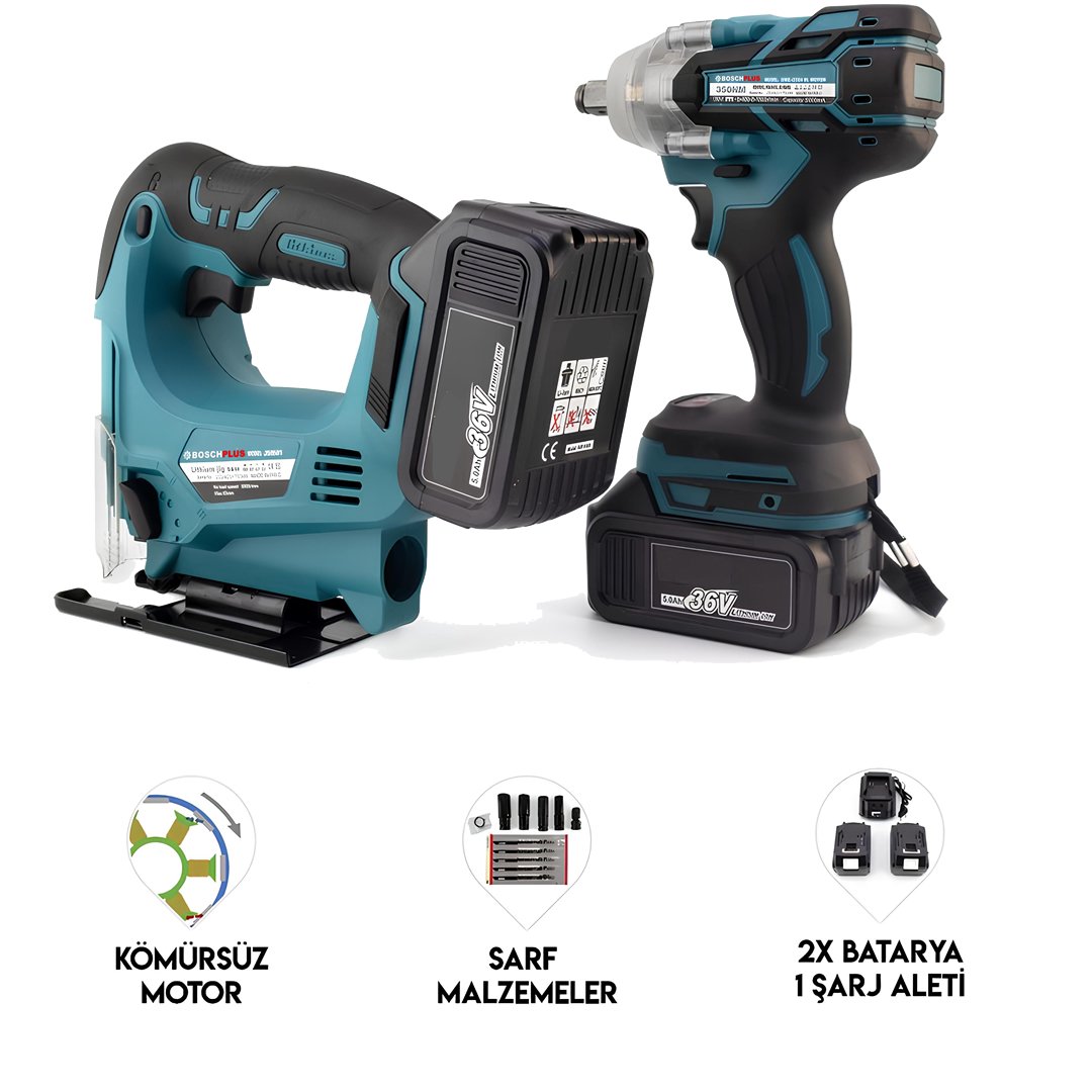 BoschPlus EEA429 Akülü Kömürsüz 2li Set Ayarlanabilir Dekupaj Testere ve 350Nm Somun Sıkma Sökme 36V 5ah (Mavi) özellikler