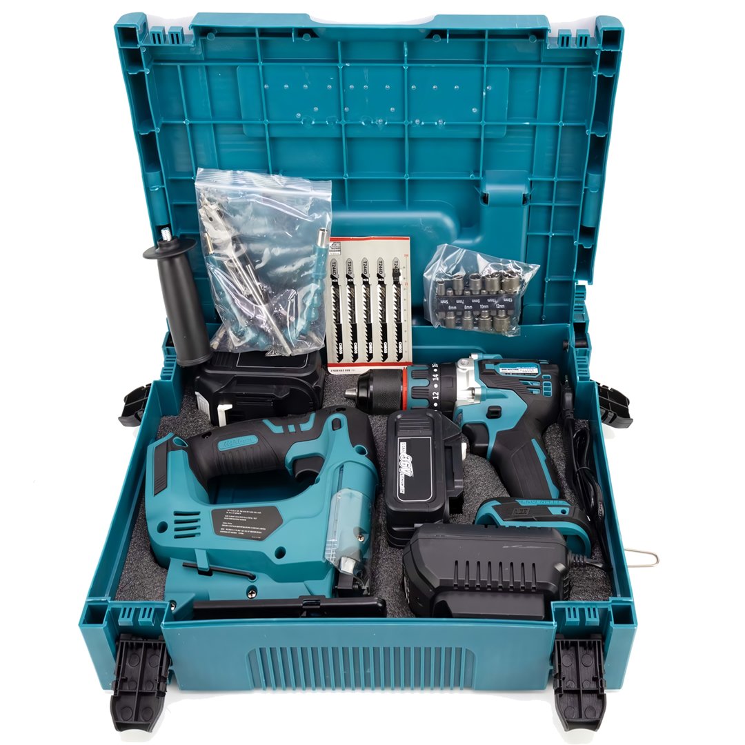 BoschPlus EEA430 Akülü Kömürsüz Motor 2li Set Ayarlanabilir Dekupaj Testere ve Çelik Mandren Vidalama Matkap 36V 5ah (Mavi) Çantası