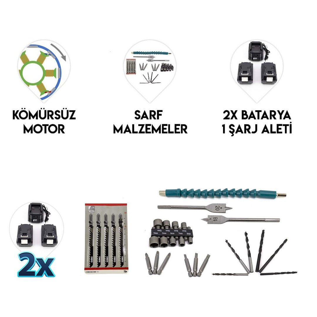 BoschPlus EEA430 Akülü Kömürsüz Motor 2li Set Ayarlanabilir Dekupaj Testere ve Çelik Mandren Vidalama Matkap 36V 5ah (Mavi) özellikler