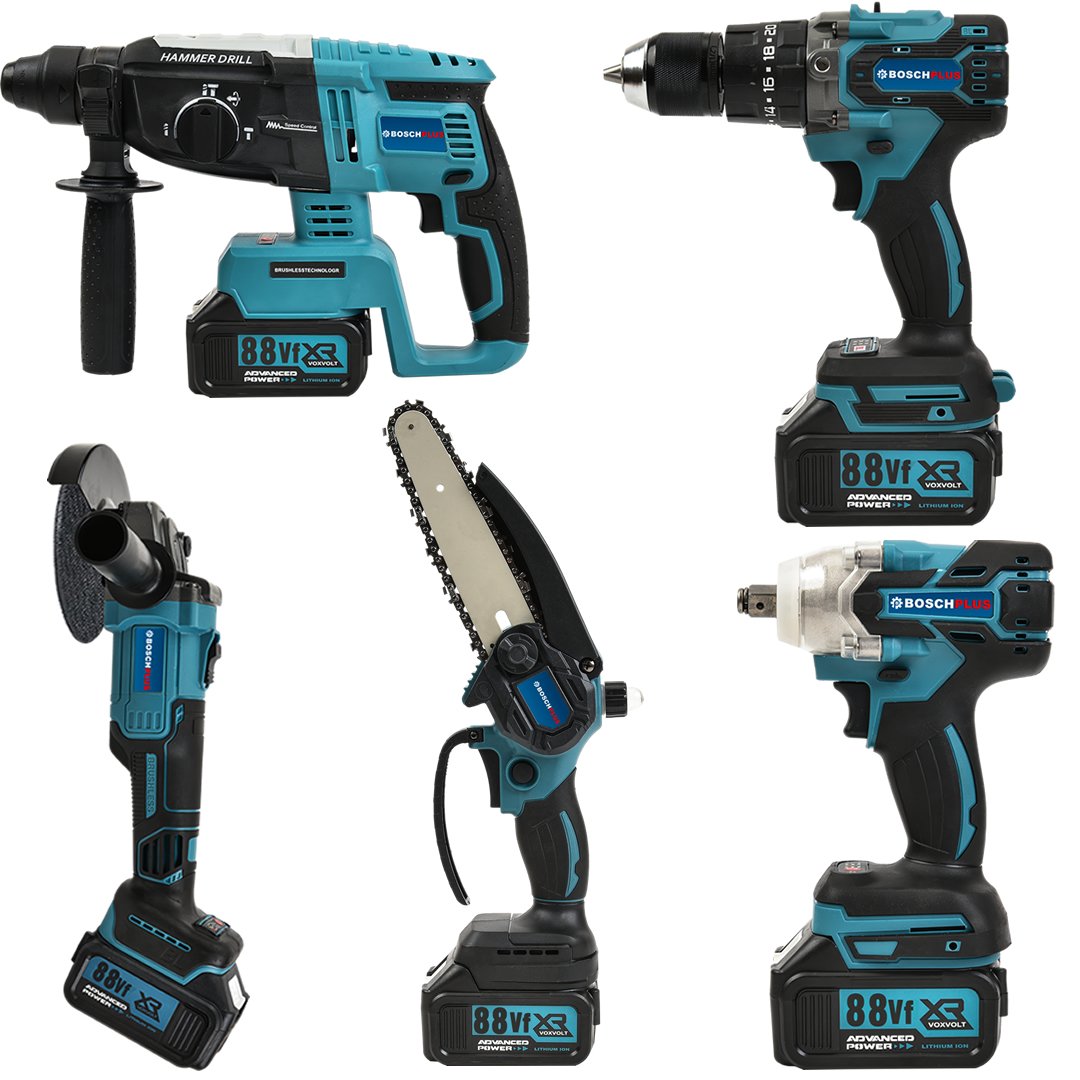 BoschPlus EEA432 Akülü 6 lı Grup Set ( 5li Makina Seti Avuç Taşlama,Kırıcı Delici,Somun Sıkma Sökme,Vidalama,Budama Testere + 58Vf  Akülü Kömürsüz Araç Yıkama Seti )