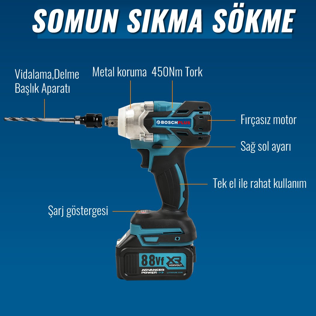 Bosch Plus EEA432 Akülü Süper 5li Set Makina 88vf 5ah somun sıkma özellikleri