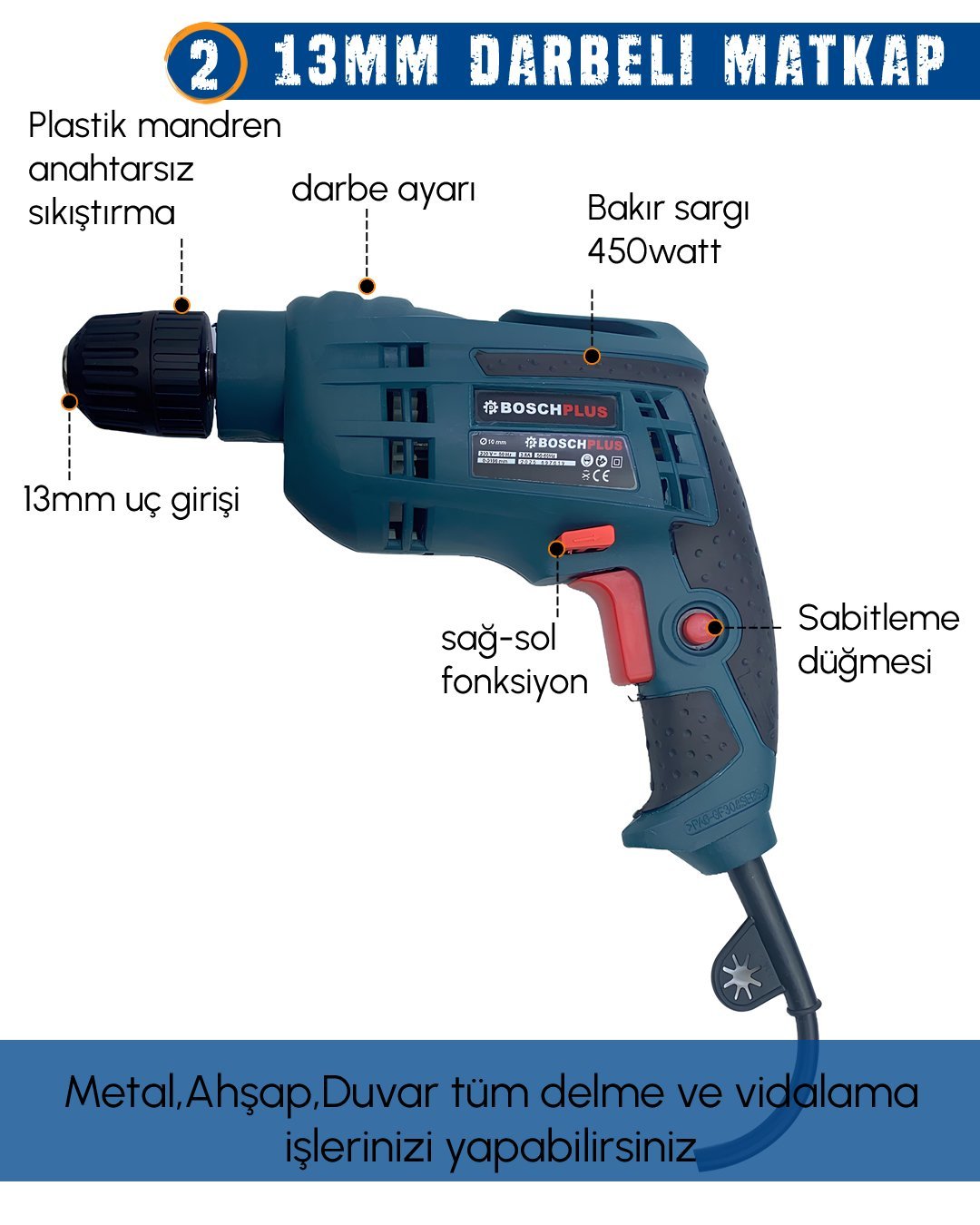 BoschPlus EEA433 Elektrikli 4 lü Makine Seti 13mm Darbeli Vidalama Matkap özellikleri
