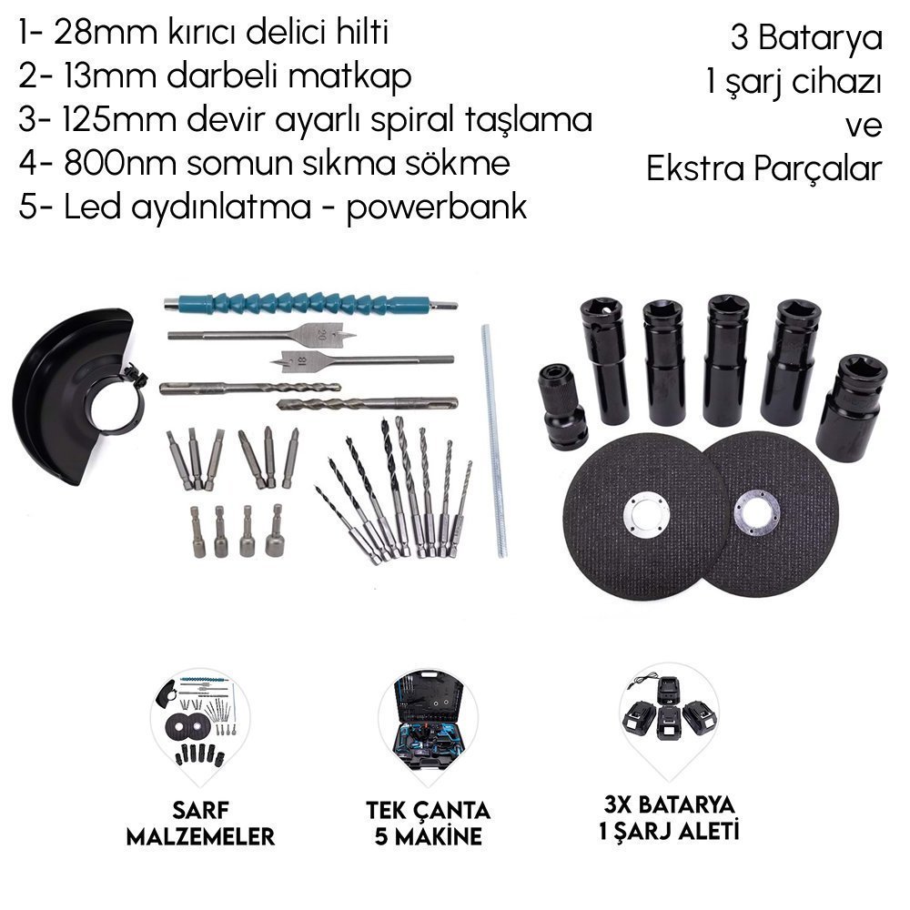 BoschPlus EEA443 Akülü Kömürsüz 5li Set Makine (800Nm Somun Sökme, Kırıcı Delici , 13mm Darbeli Vidalama, 125mm Avuç Taşlama, Powerbank ve Led) 88Vf 10P modelleri