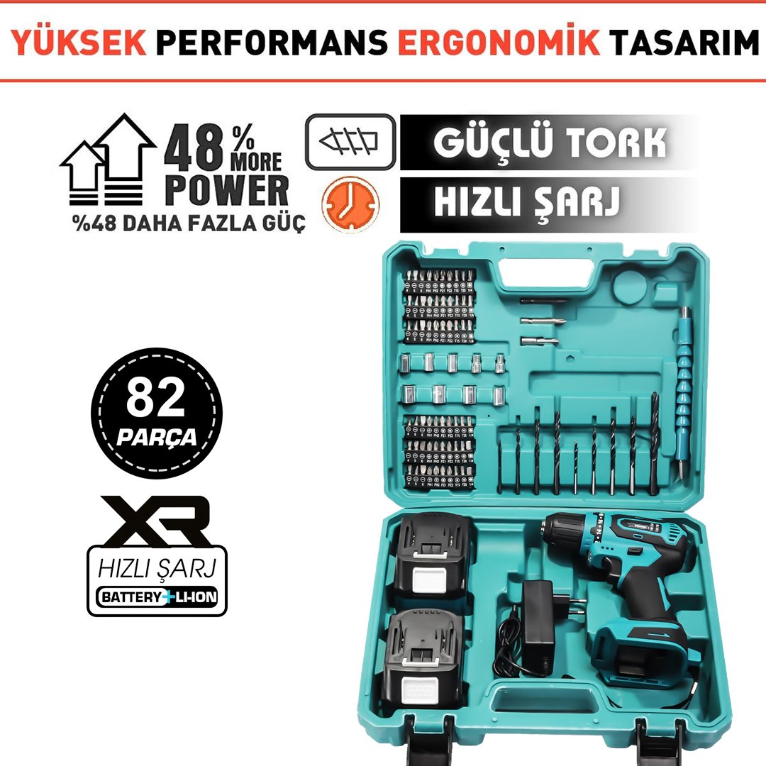 BoschPlus EEA445 Kömürsüz 88Vf Akülü Kömürsüz 82 Parça Vidalama Matkap Seti (Mavi) bataryalar