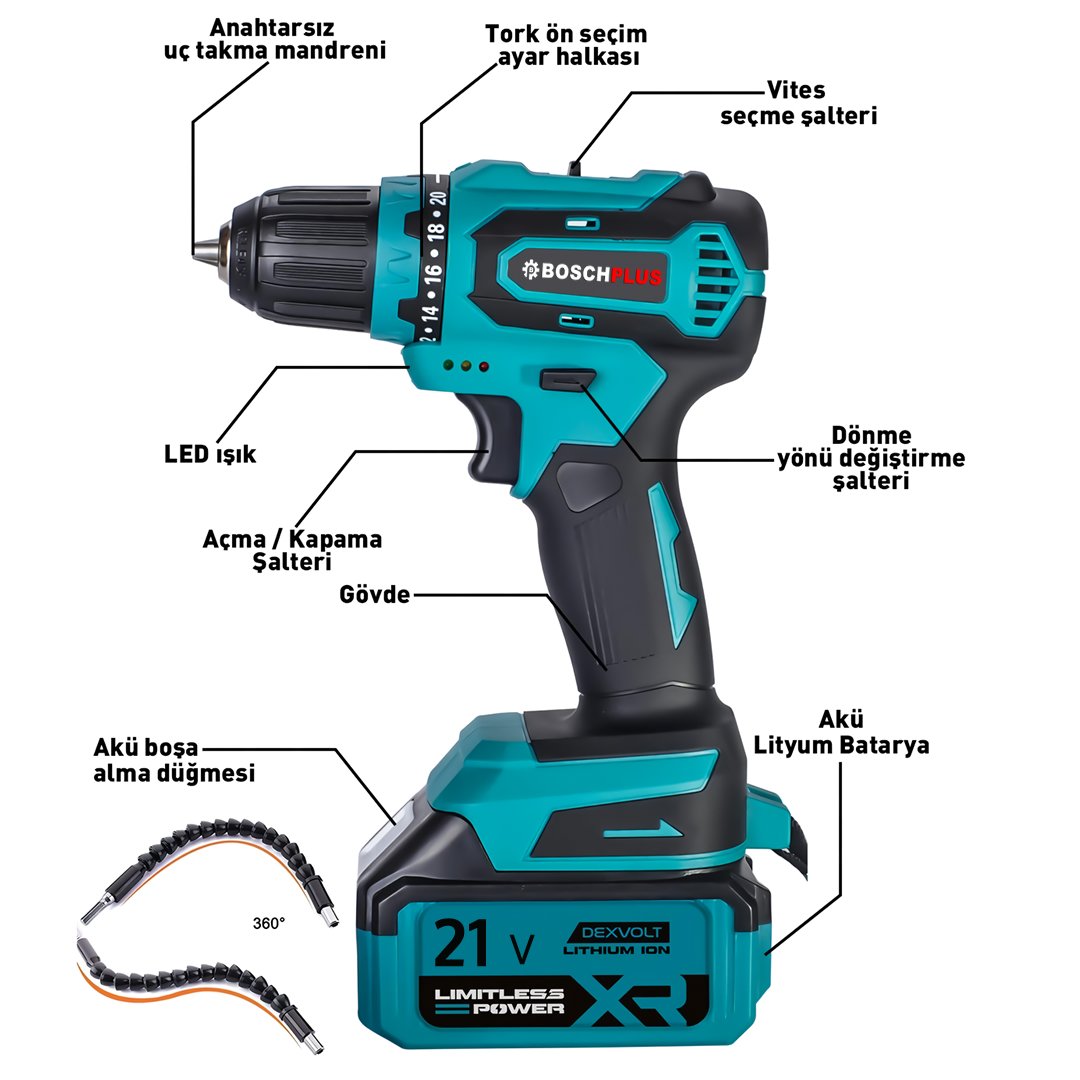 BoschPlus EEA445 Kömürsüz 88Vf Akülü Kömürsüz 82 Parça Vidalama Matkap Seti (Mavi) teknik özellikler