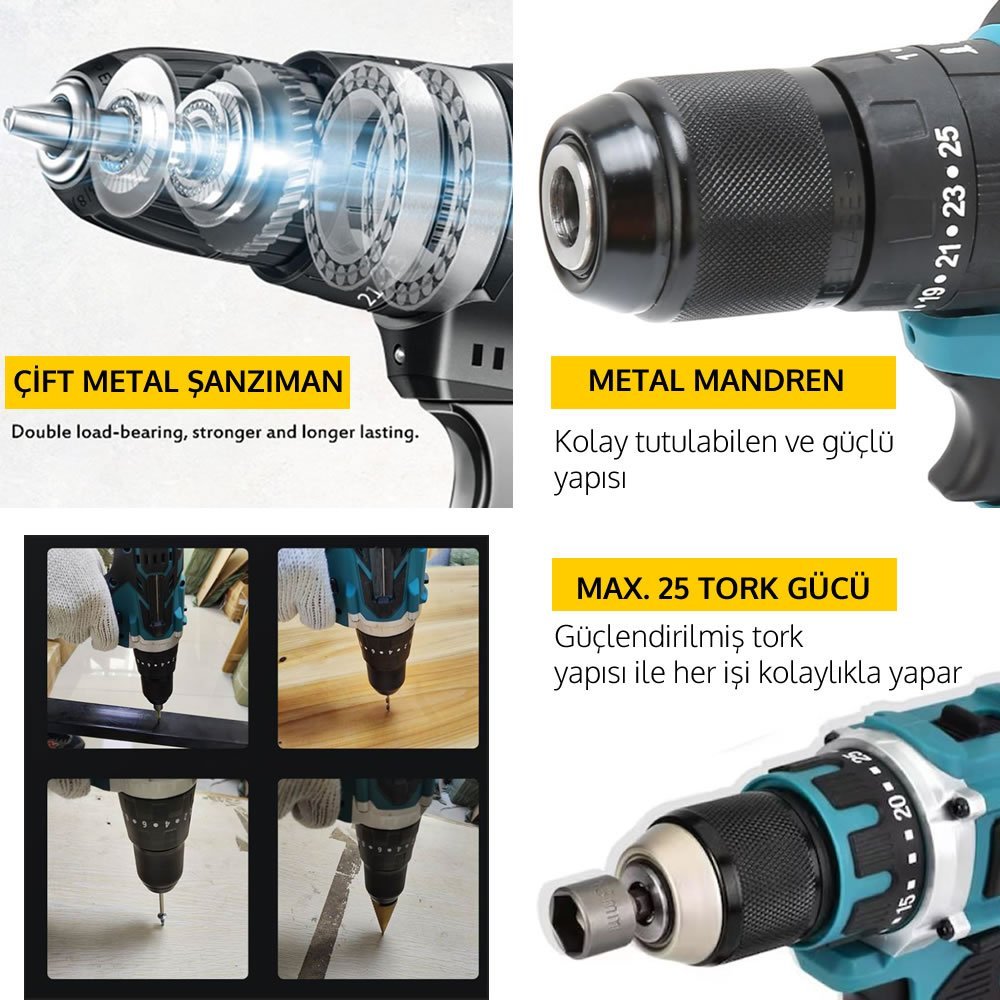 BoschPlus EEA448 24 Parça 58vf 5ah Çelik Mandrenli Şarjlı Vidalama Matkap Seti Kullanım