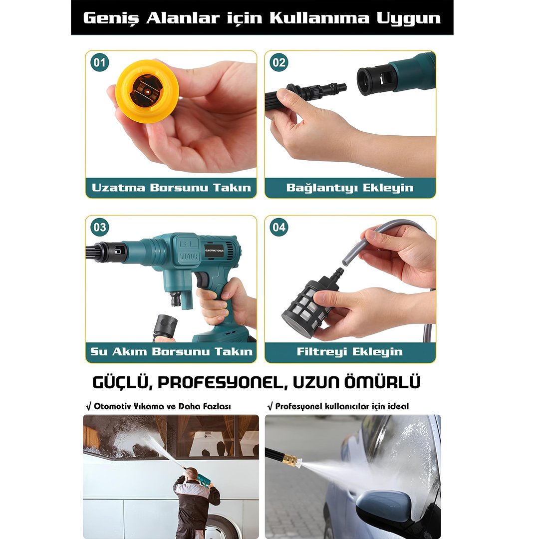 BoschPlus EEA459 Yüksek Basınçlı Çift Akülü 10 Pilli 21500WH Kömürsüz Titanyum Motor Oto Araç Bahçe Yıkama Ilaçlama