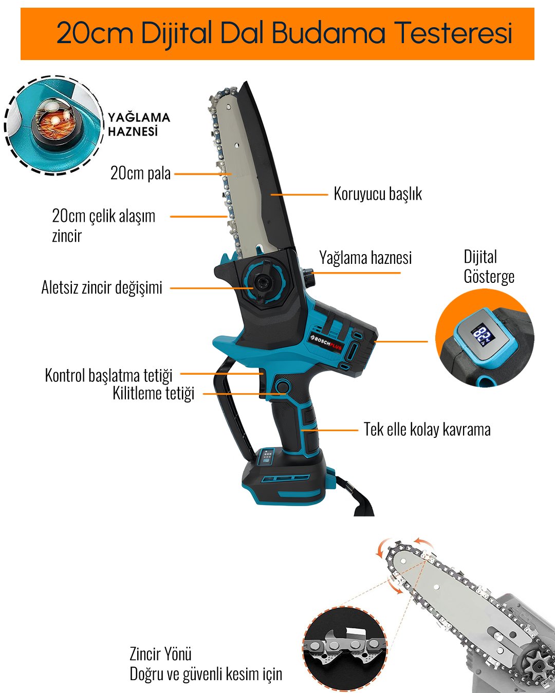 BoschPlus EEA460 Profesyonel 2li Set Akülü Dijital Göstergeli 20cm Dal Budama Testeresi 88Vmax özellikleri