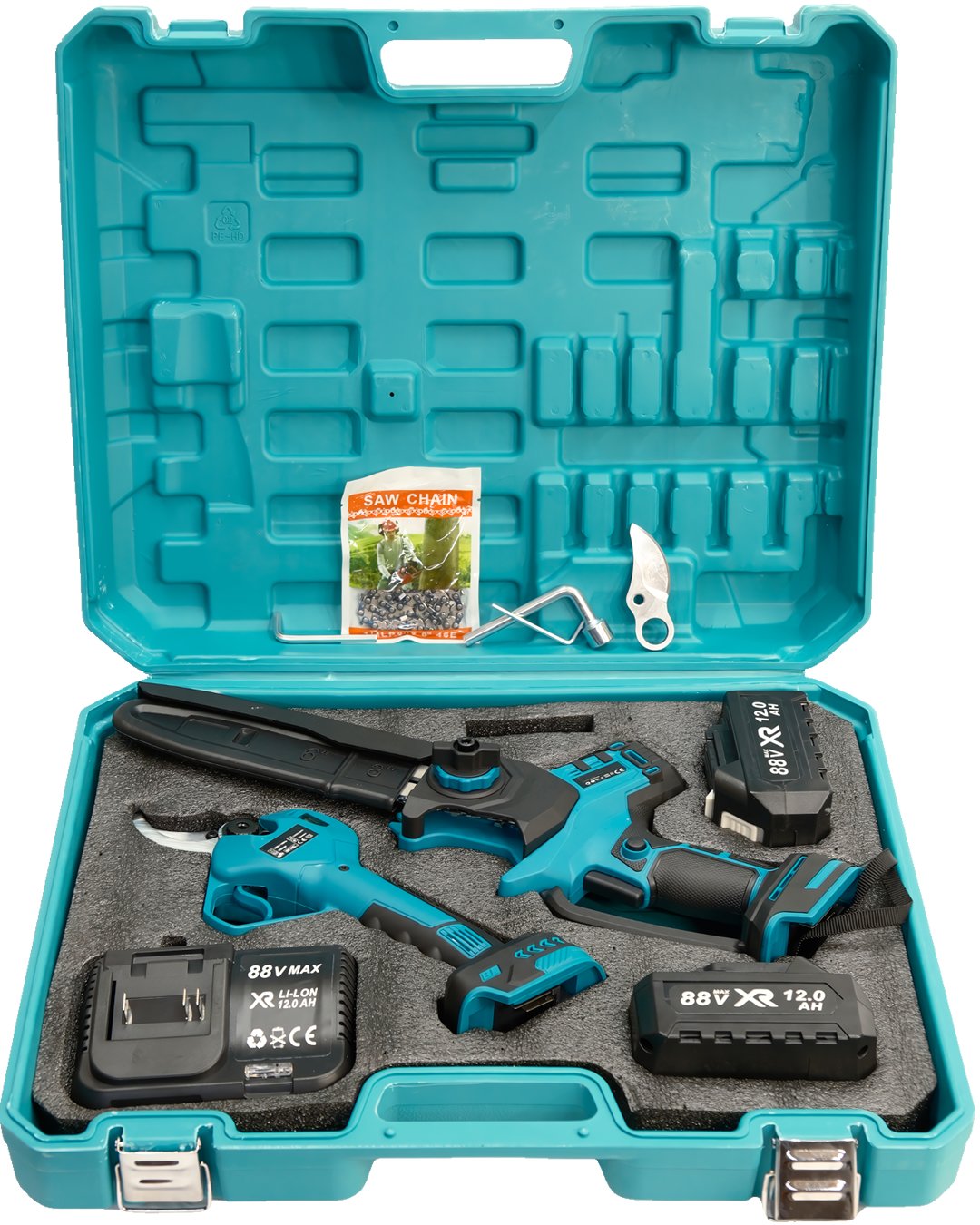 BoschPlus EEA460 Profesyonel 2li Set Akülü Dijital Göstergeli 50mm Dal Budama Makası ve 20cm Dal Budama Testeresi 88Vmax çantası