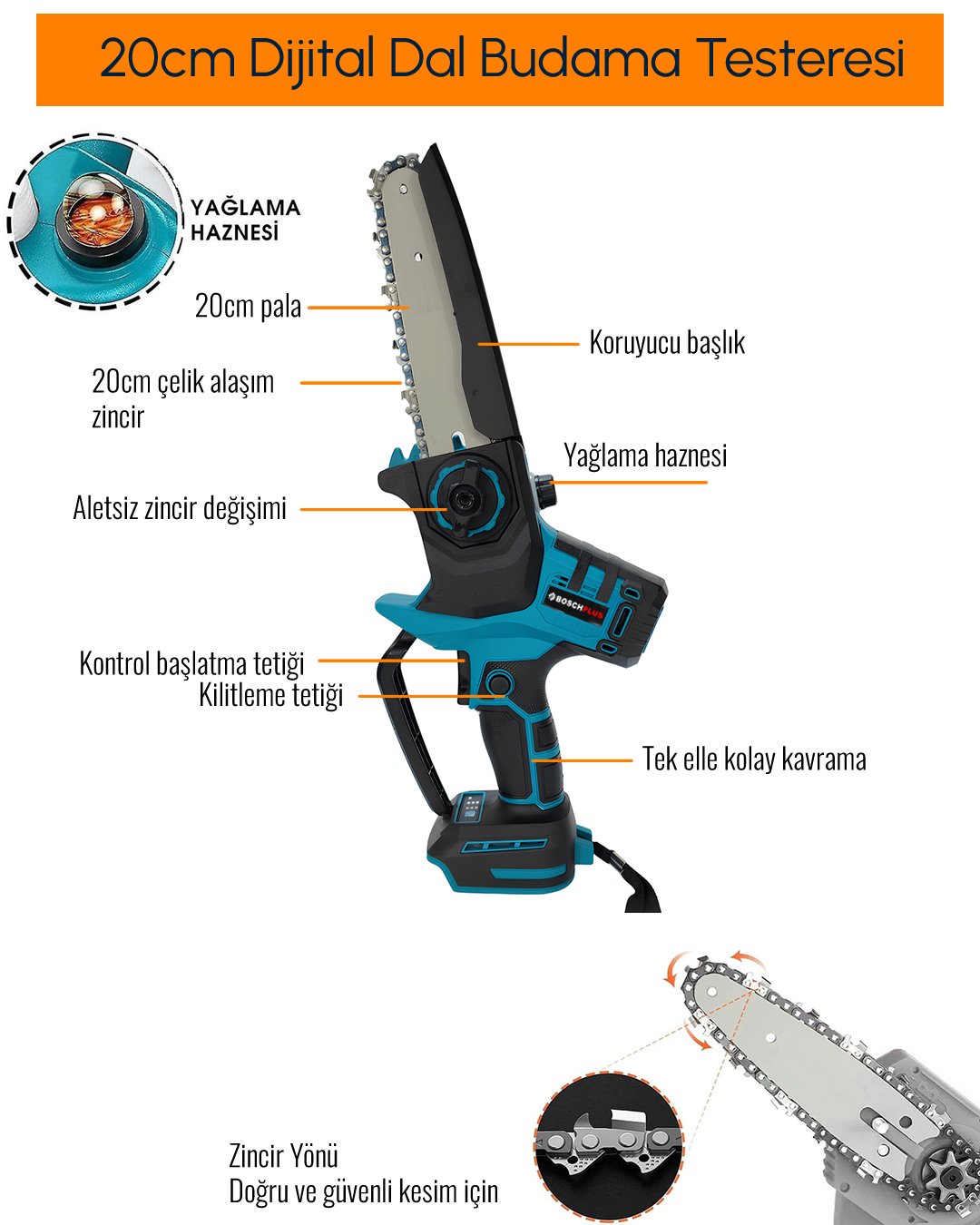 BoschPlus EEA461 Profesyonel 3lü Bahçe Seti Akülü Uzatma Kollu Dijital Göstergeli 20cm Dal Budama Testeresi 88Vmax özellikleri