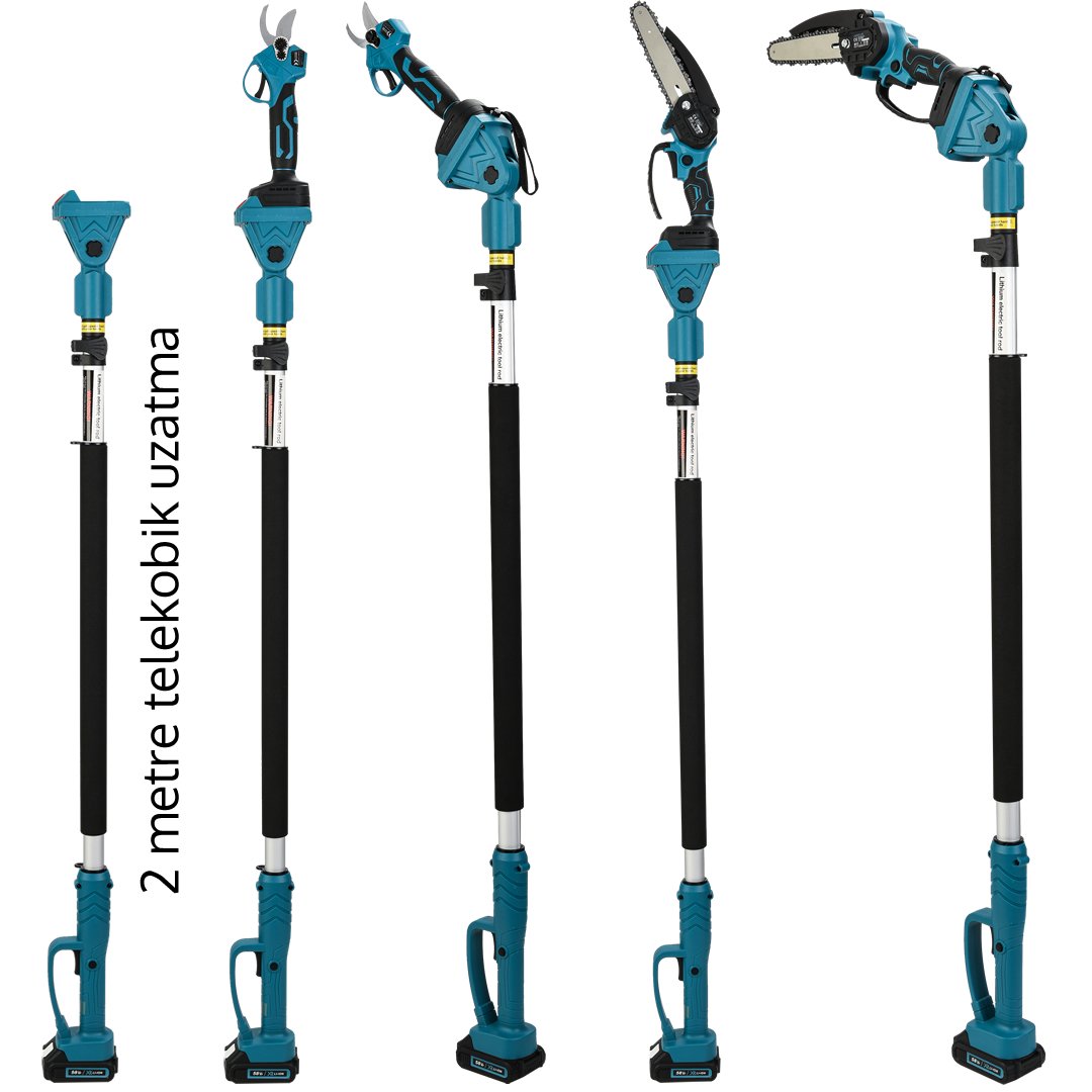 BoschPlus EEA461 Profesyonel 3lü Bahçe Seti Akülü Uzatma Kollu Dijital Göstergeli 50mm Dal Budama Makası ve 20cm Dal Budama Testeresi 88Vmax teleskopik uzatma kolu