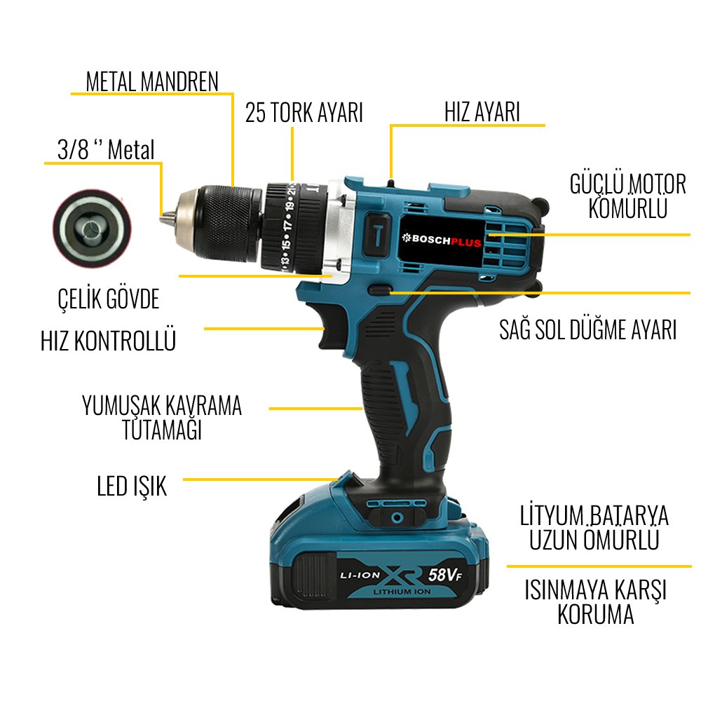BoschPlus EEA472 Akülü  Vidalama Matkap Seti + 105 Parça Özel Alışım Çelik Profesyonel Alet Takım Seti matkap özellikleri