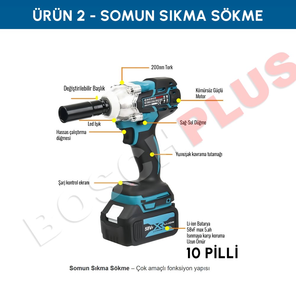 BoschPlus EEA474 4+1 Set Akülü Ultra 4lü Set ve El Tipi Turbo Arc Kaynak Makinesi Seti somun sıkma
