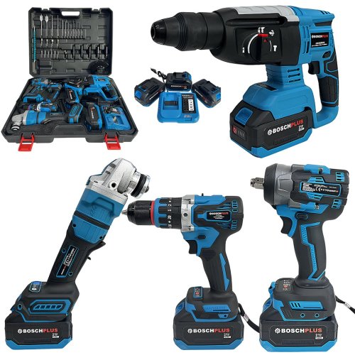 BoschPlus EEA481 Kömürsüz Akülü 4lü Set 21V 3ah Darbeli Vidalama, Kırıcı Delici Matkap, Devir Ayarlı Avuç Taşlama ve Işıklı 800Nm Somun Sökme