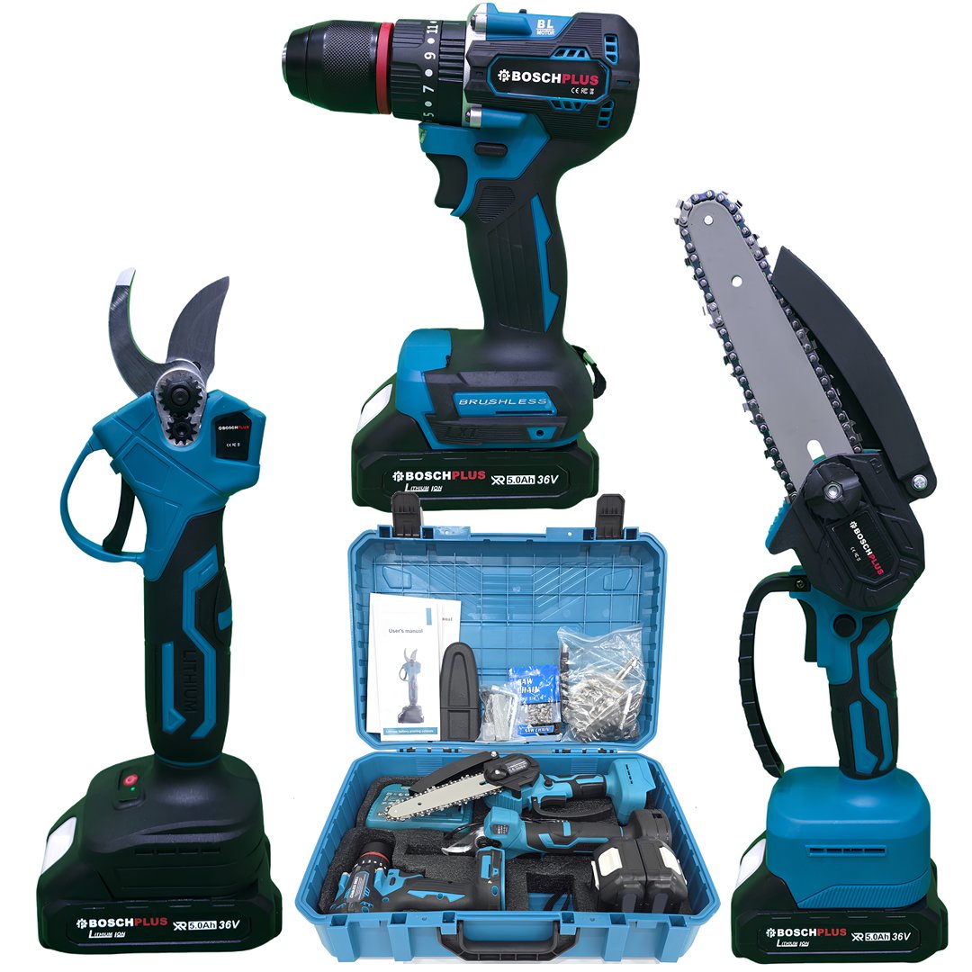 BoschPlus EEA484 Yeni Kömürsüz Akülü 3lü Bahçe Seti 30mm Dal Budama Makası, 15cm Dal Budama Testeresi ve 45nm Vidalama