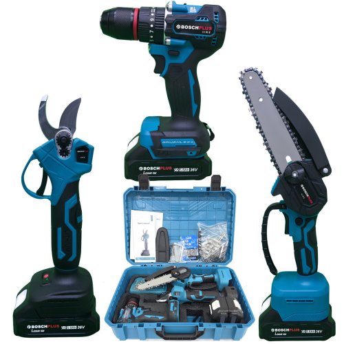 BoschPlus EEA484 Yeni Kömürsüz Akülü 3lü Bahçe Seti 30mm Dal Budama Makası, 15cm Dal Budama Testeresi ve 45nm Vidalama