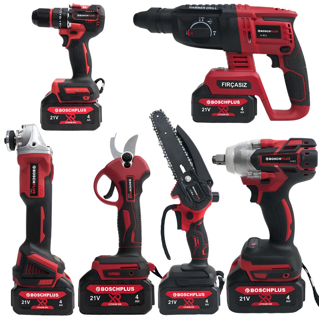 BoschPlus EEA486 Profesyonel Kömürsüz Akülü Kırmızı 6lı Set 21V 4ah (Kırıcı Delici, Somun Sıkma, Vidalama, Avuç Taşlama, Dal Budama Makası, Dal Testeresi)