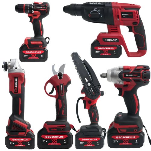 BoschPlus EEA486 Profesyonel Kömürsüz Akülü Kırmızı 6lı Set 21V 4ah (Kırıcı Delici, Somun Sıkma, Vidalama, Avuç Taşlama, Dal Budama Makası, Dal Testeresi)