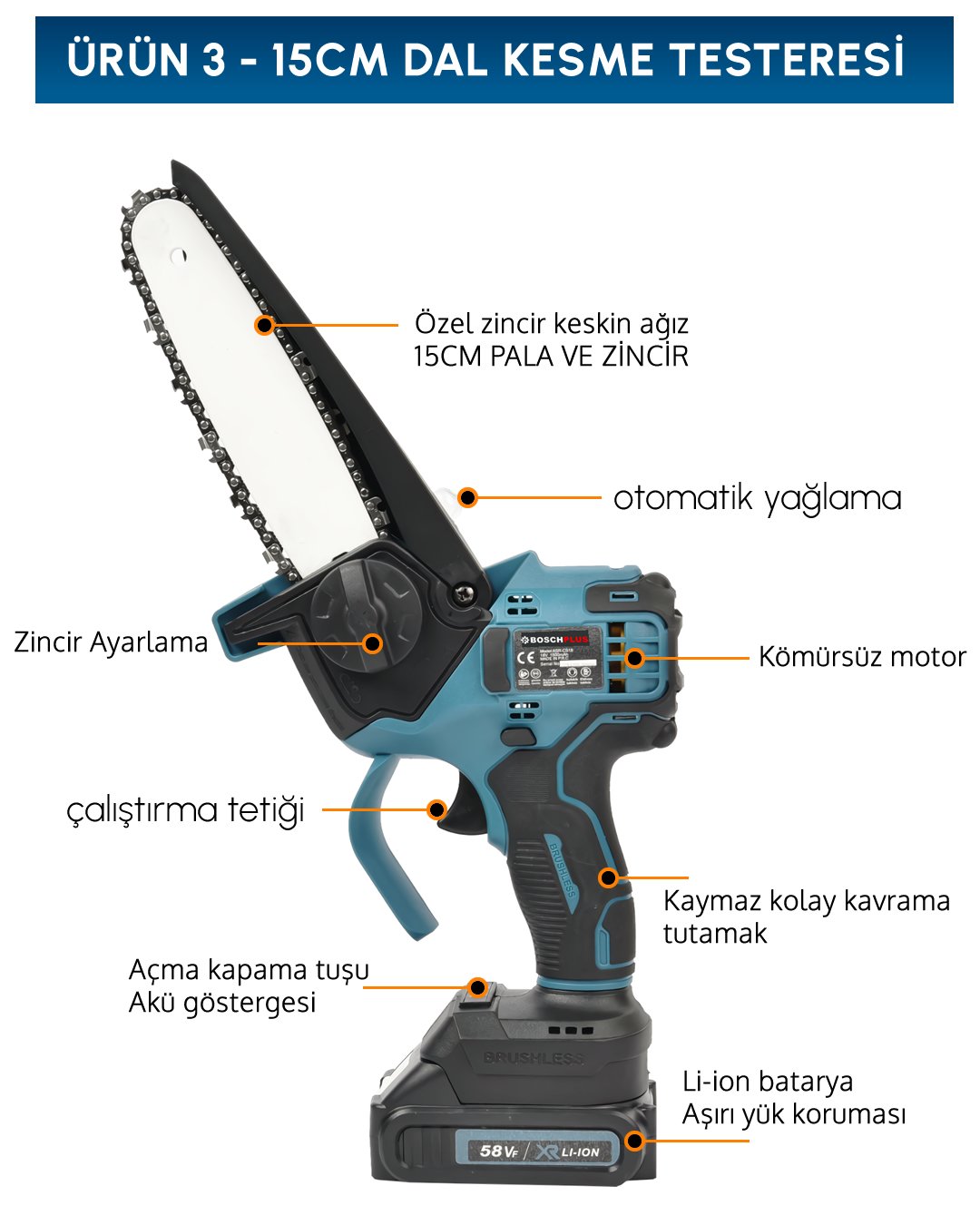 BoschPlus EEA396 Akülü Teleskopik Kollu 3lü Bahçe Seti dal kesme testere özellikleri