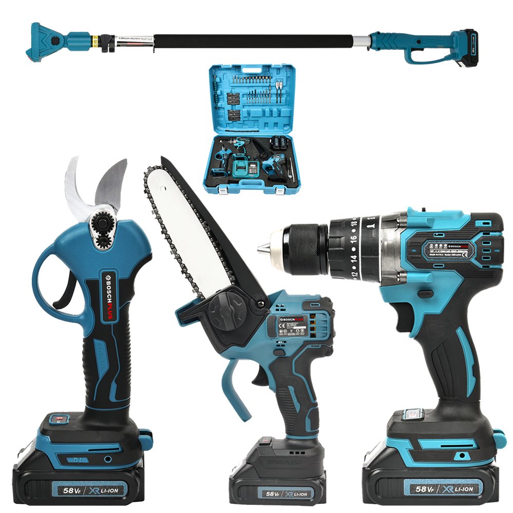 BoschPlus EEA396 Akülü Teleskopik Kollu 3lü Bahçe Seti 15cm Dal Budama Testeresi, 30mm Bağ Makası, Vidalama Matkap58Vf